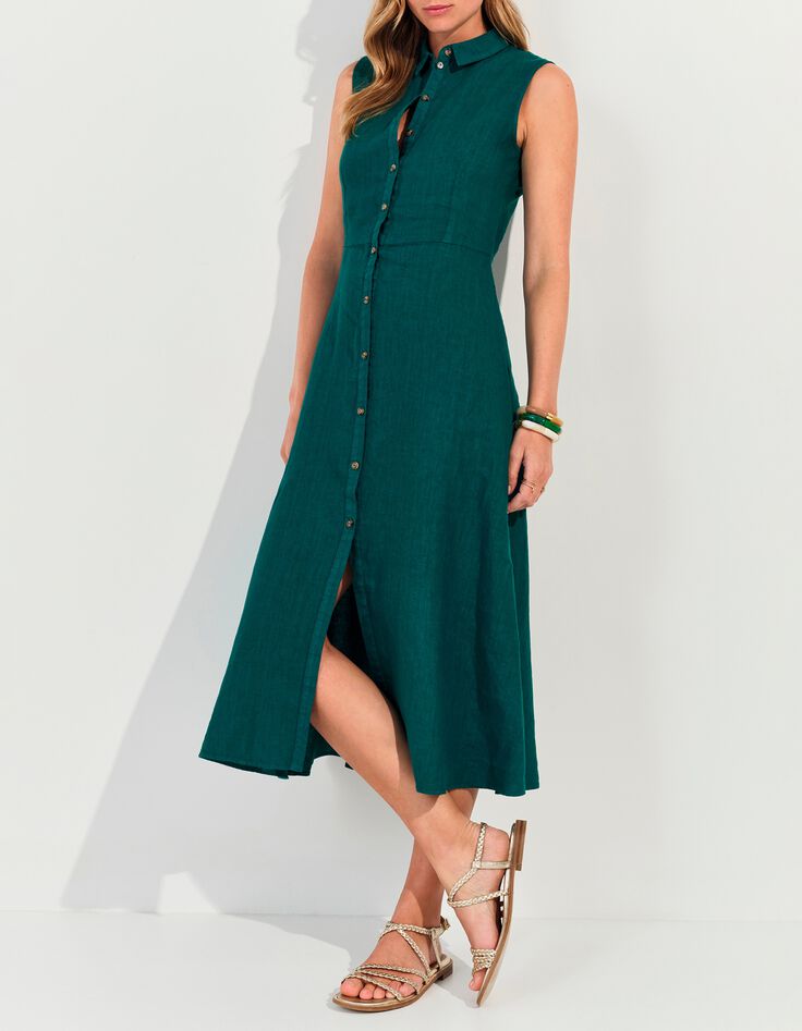 RECIFE - Robe chemise longue verte lin certifi&eacute; surteint -1