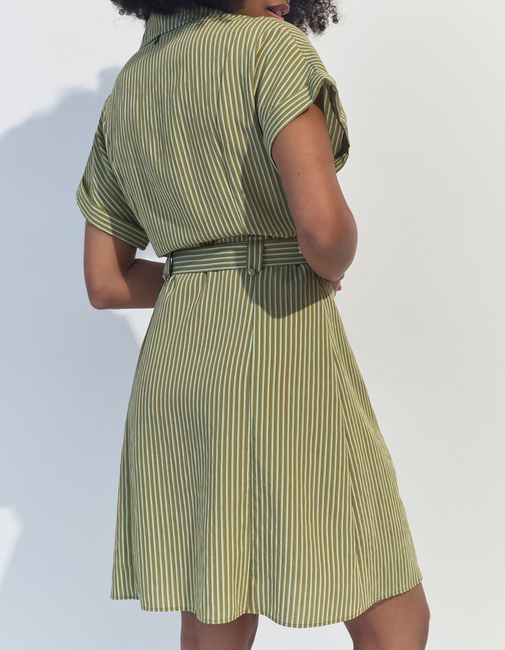 RORAIMA - Robe chemise verte &agrave; motif fines rayures -2