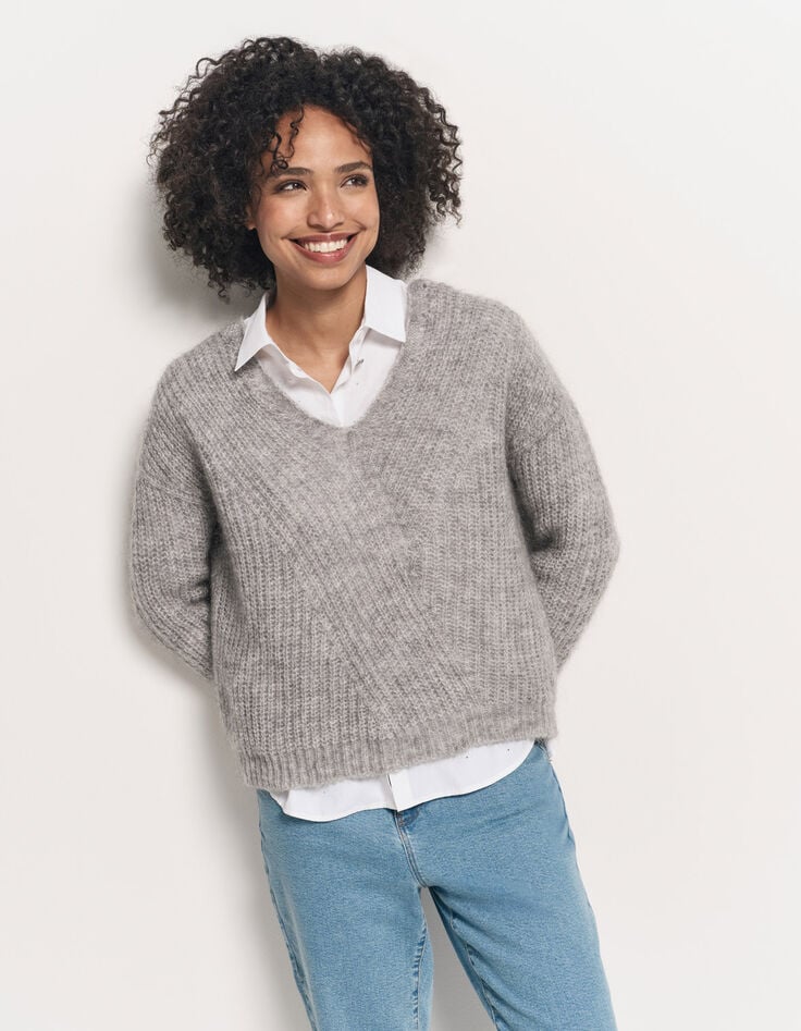 TYLER - Pull gris tricot côtelé mohair mélangé-1 TYLER - Pull gris tricot côtelé mohair mélangé-1