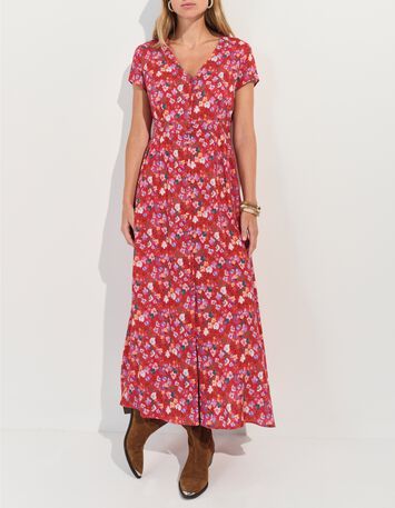 ROMARIA - Robe midi rouge imprim&eacute; floral d'&eacute;t&eacute; -1