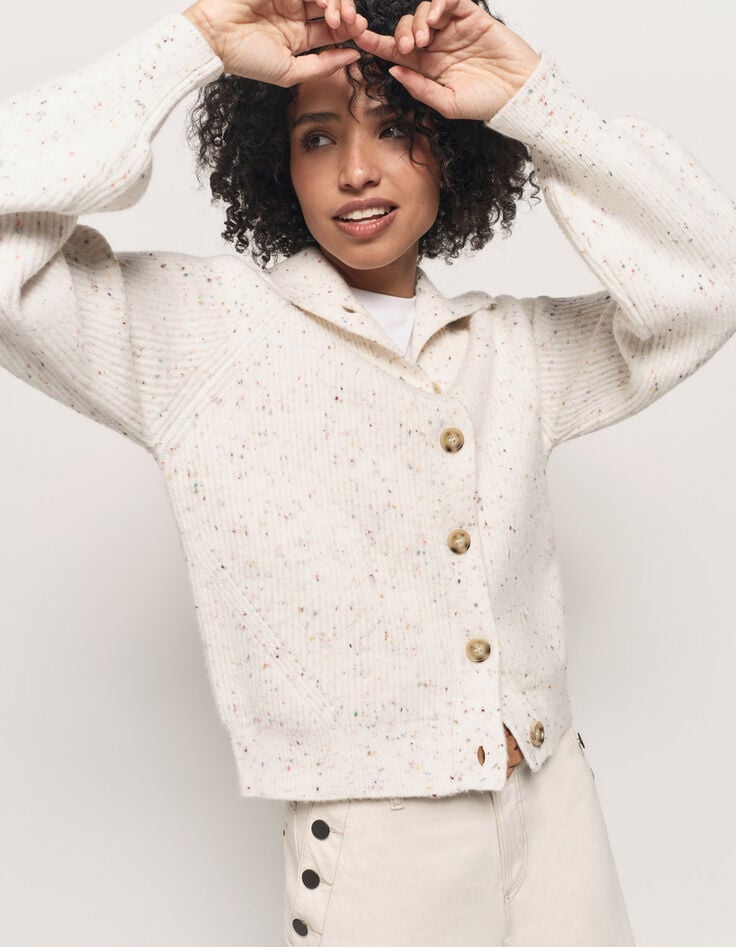 TSUGA - Cardigan écru tricot doupions multico col châle-1 TSUGA - Cardigan écru tricot doupions multico col châle-1