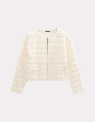 TALI - Cardigan écru tricot fantaisie rayures relief