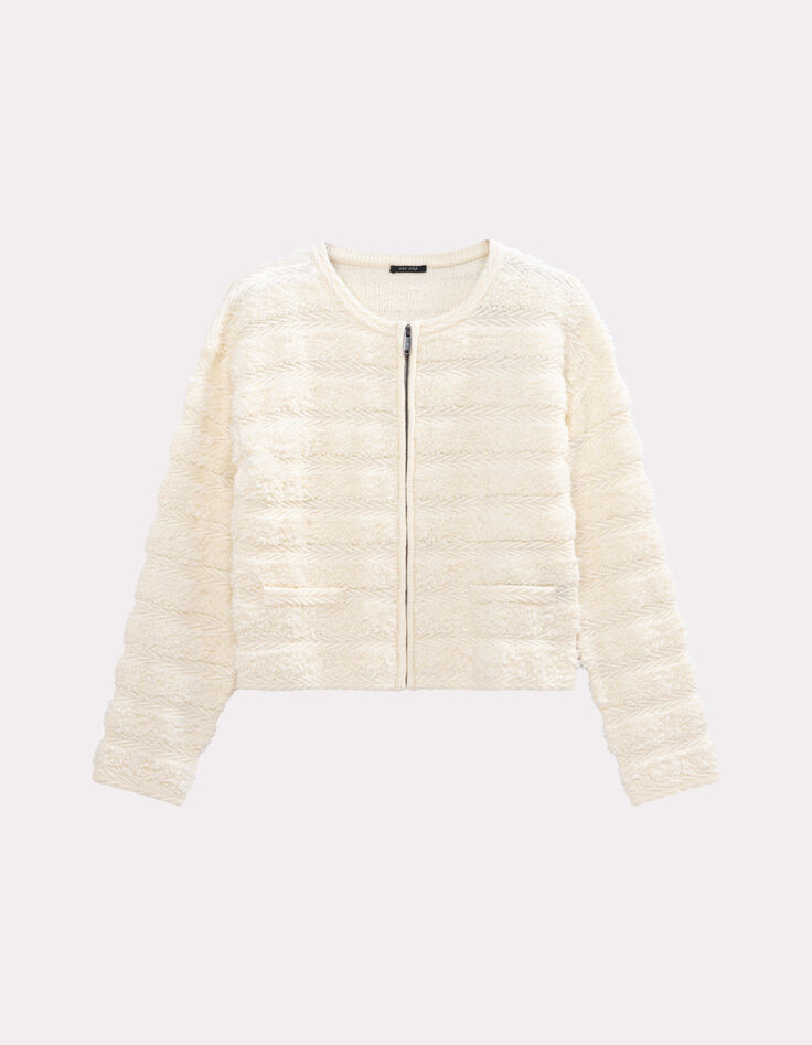 TALI - Cardigan écru tricot fantaisie rayures relief-1