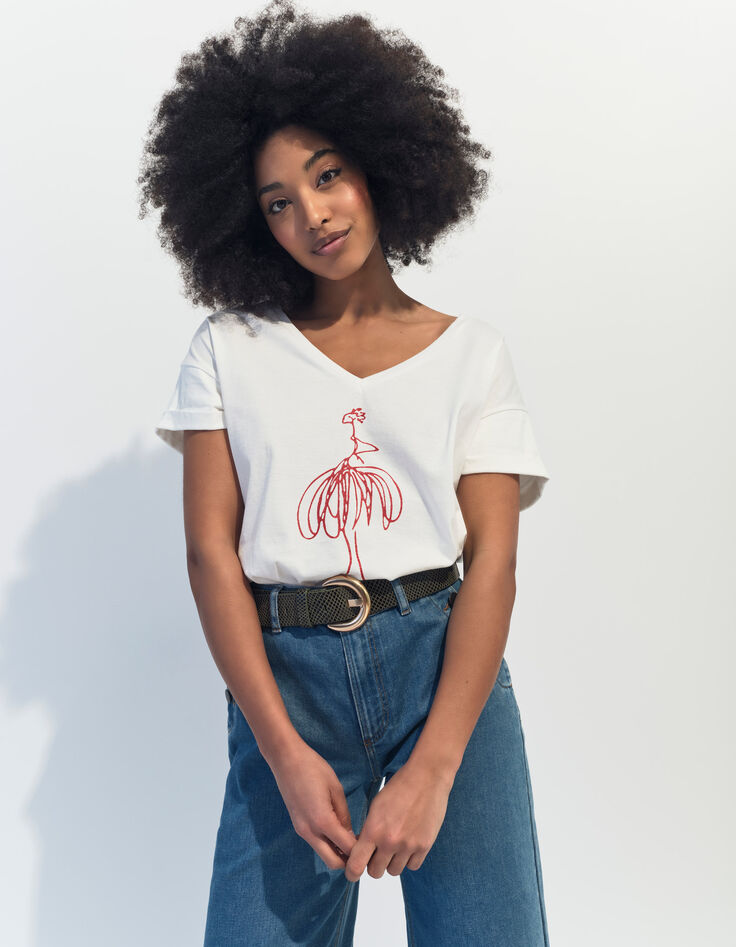 MUM - T-shirt écru coton bio danseuse orange pailleté -1