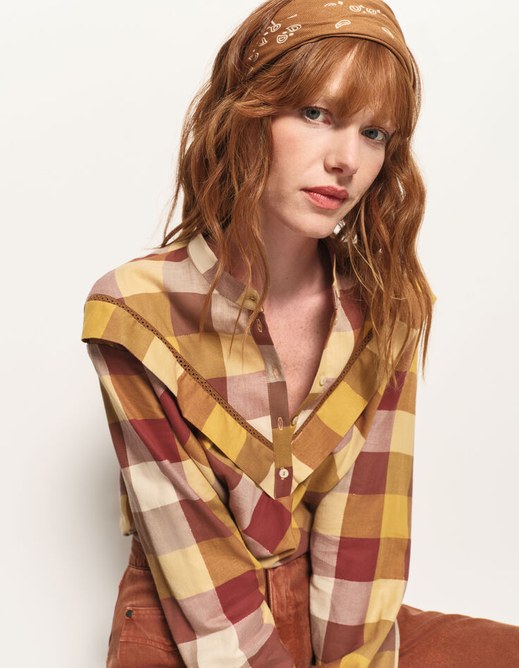 COSMA - Blouse jaune motif carreaux plastron volanté-2