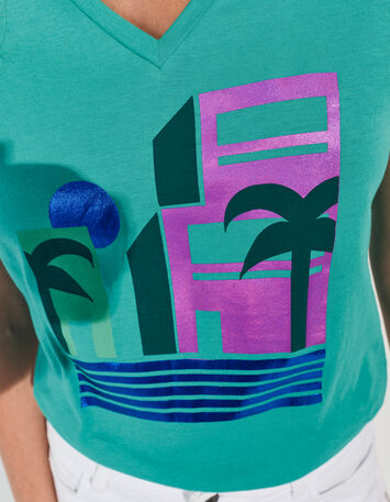 MIRAMAR - T-shirt vert coton bio visuel arty géométrique -4