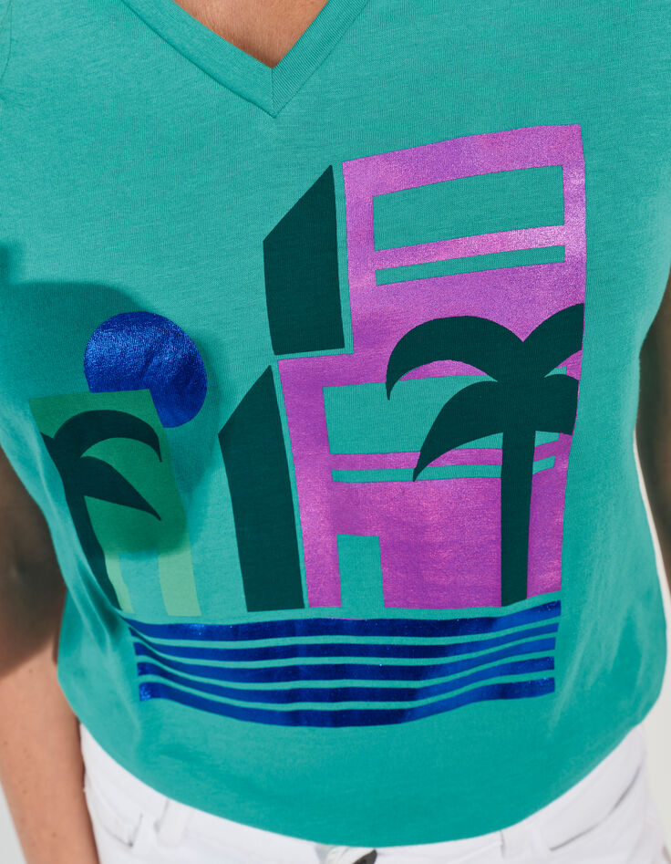 MIRAMAR - T-shirt vert coton bio visuel arty géométrique -4