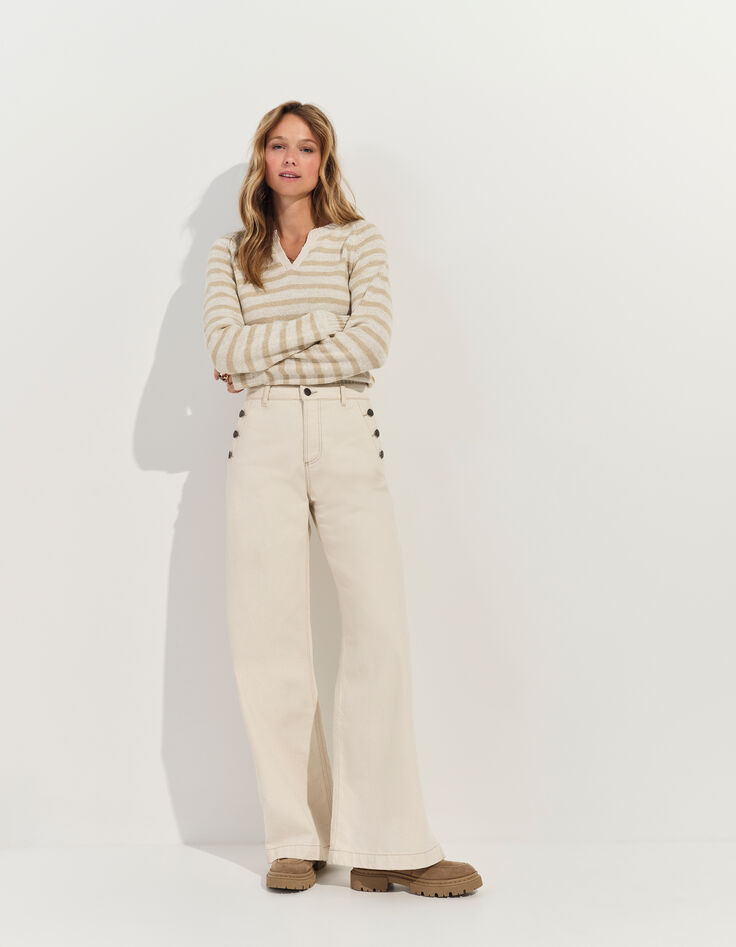 TERESA - Pull blanc tricot motif rayures lurex beige -4