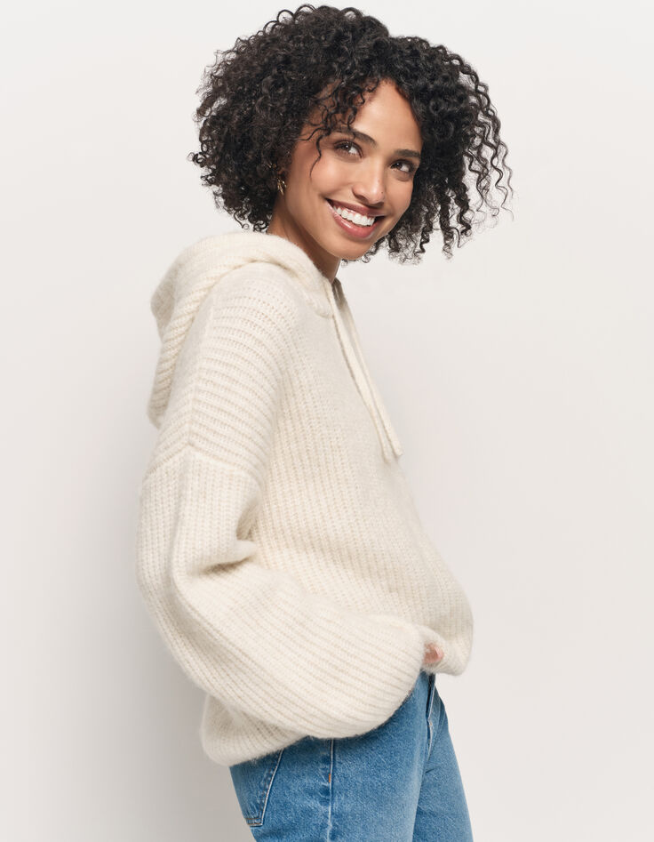 TWILL - Pull écru à capuche tricot côtelé-2 TWILL - Pull écru à capuche tricot côtelé-2