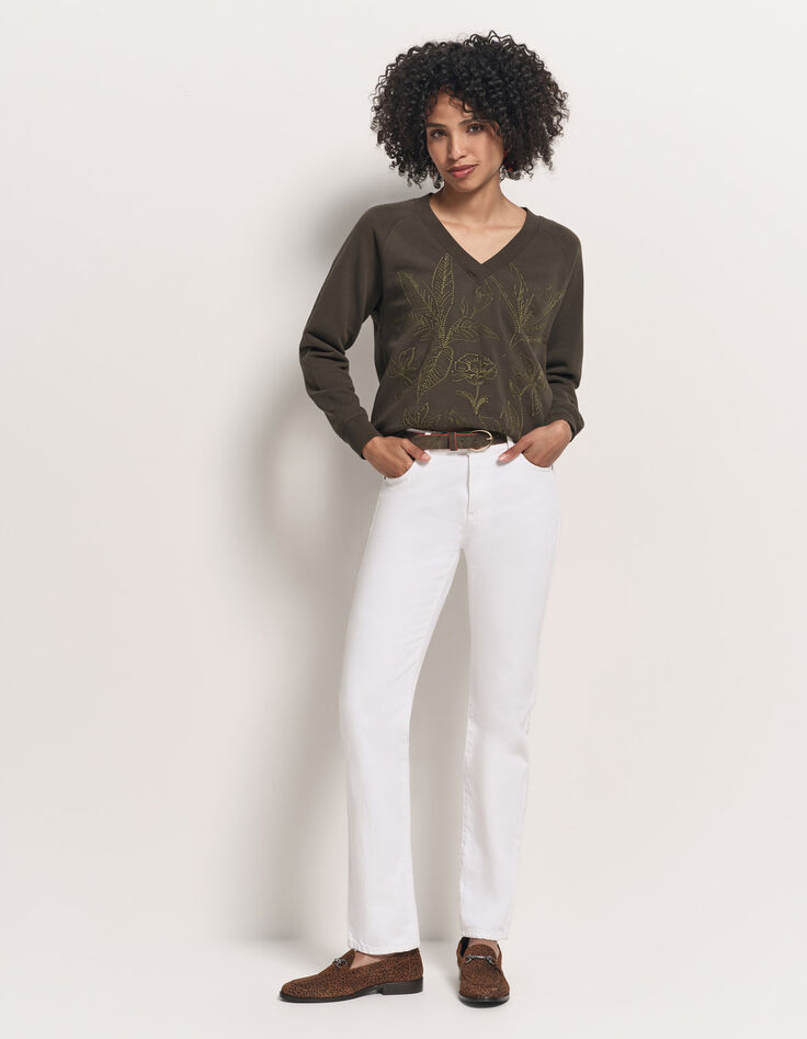 MEZZIA - Sweat kaki encolure V broderies fleurs-6 MEZZIA - Sweat kaki encolure V broderies fleurs-6