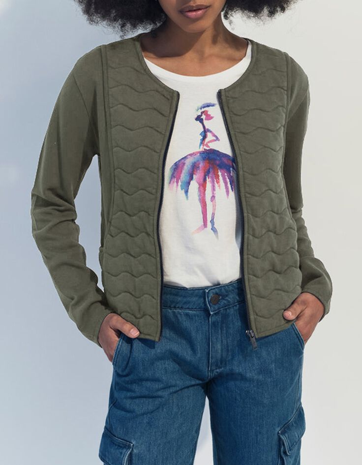 MARINO - Cardigan kaki coton bio zipp&eacute; maille matelass&eacute;e -4