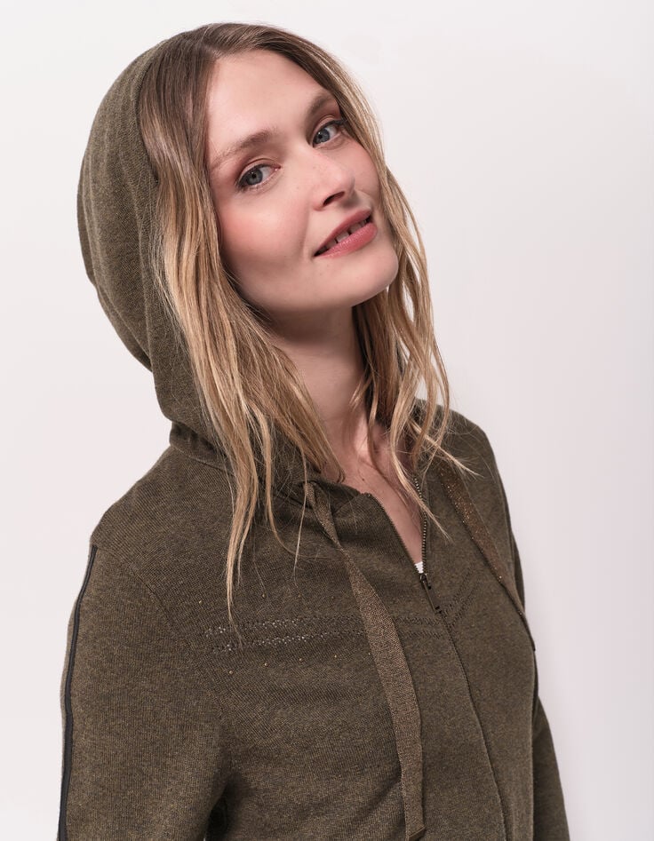 TARA - Cardigan kaki zippé à capuche-2 TARA - Cardigan kaki zippé à capuche-2