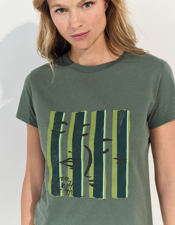 MIKA - T-shirt kaki visuel visages sur fond rayé -4