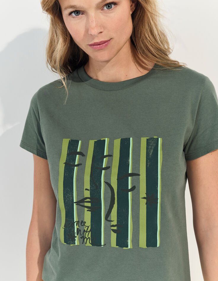 MIKA - T-shirt kaki visuel visages sur fond rayé -4