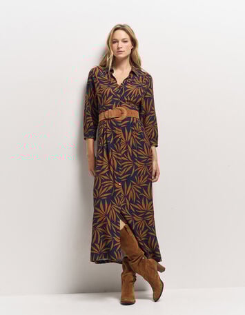 RODNEY - Robe longue marine imprim&eacute; maxi feuilles-2
