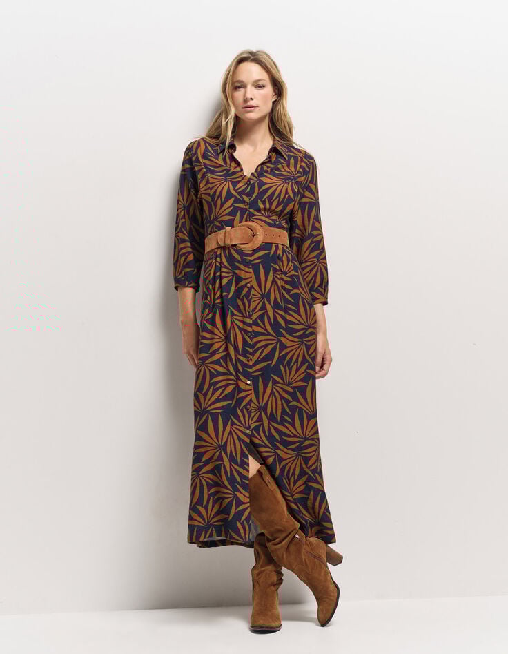 RODNEY - Robe longue marine imprim&eacute; maxi feuilles-2