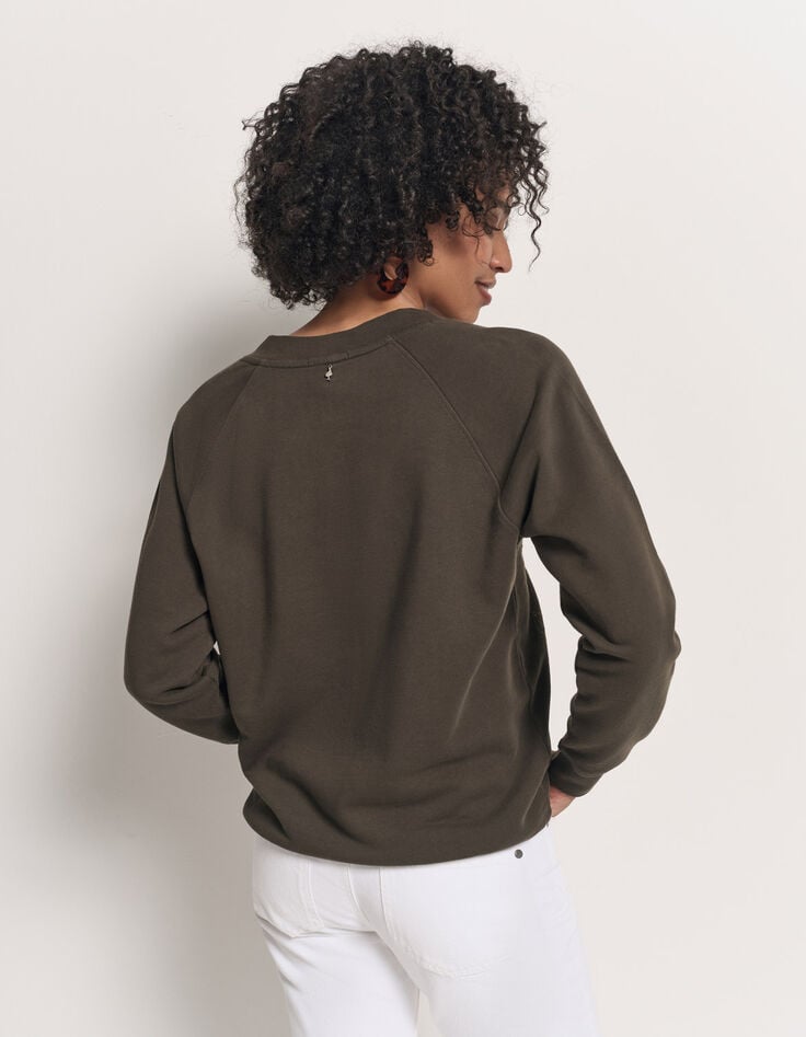 MEZZIA - Sweat kaki encolure V broderies fleurs-2 MEZZIA - Sweat kaki encolure V broderies fleurs-2
