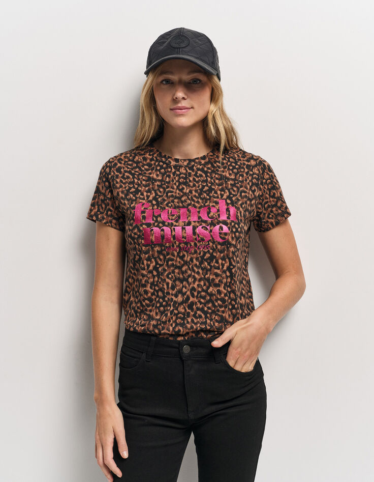 MELVA - T-shirt noir coton bio léopard à message métallisé-2