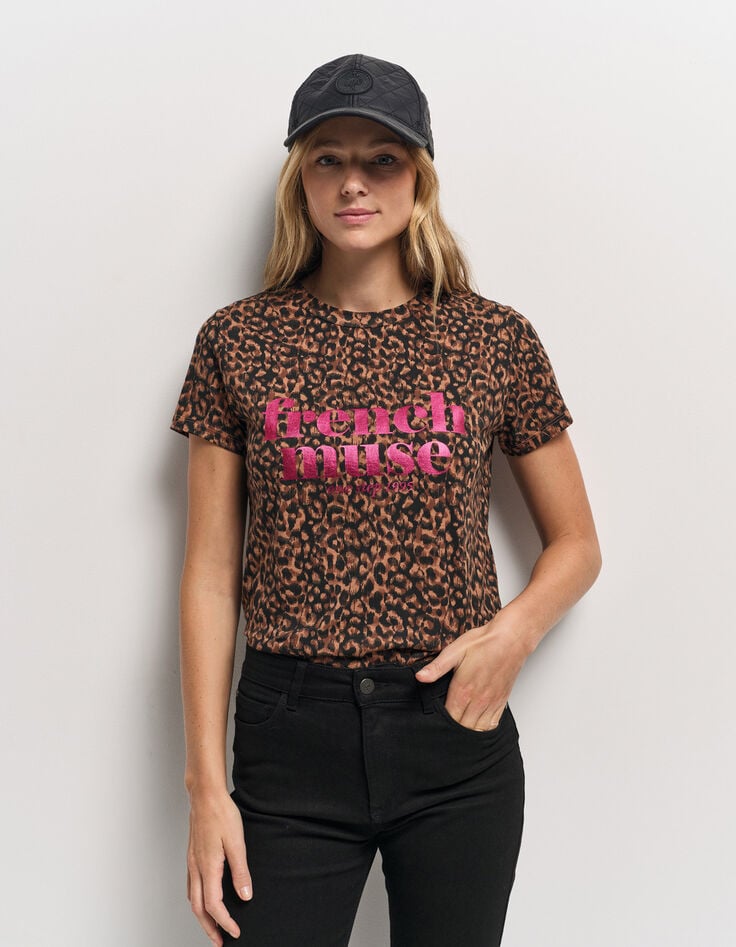 MELVA - T-shirt noir coton bio léopard à message métallisé-2 MELVA - T-shirt noir coton bio léopard à message métallisé-2