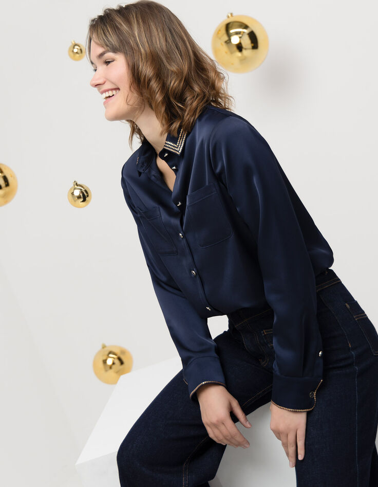 CISSY - Chemise marine satinée col brodé sequins-7