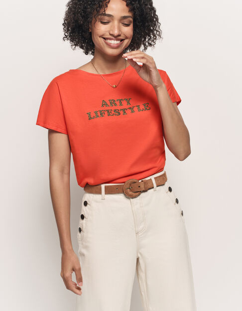MAGICA - T-shirt orange coton bio message léopard - One Step