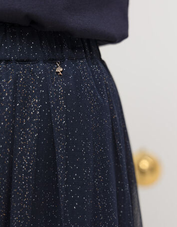 JANICE - Jupe midi marine tulle pailleté-4