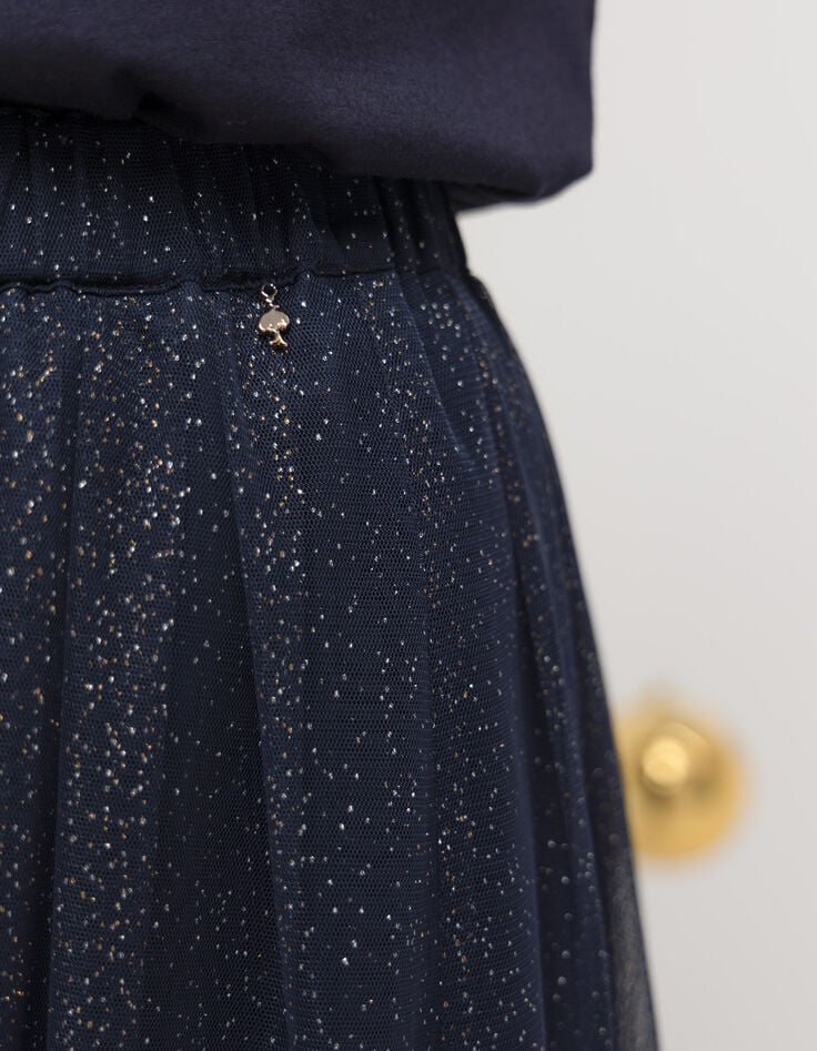 JANICE - Jupe midi marine tulle pailleté-4