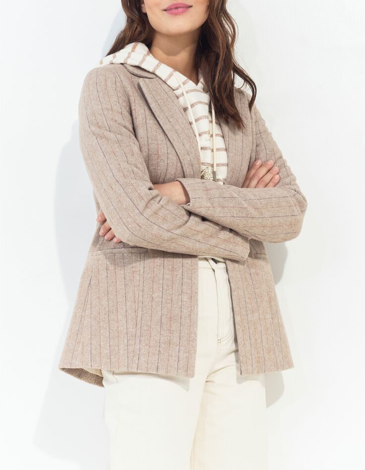 VICKI - Veste beige lainage fantaisie motif chevrons ray&eacute;-1