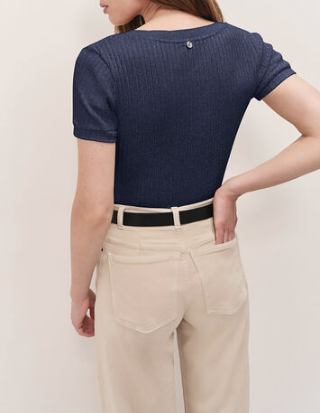 MILESI - T-shirt marine maille lurex c&ocirc;tel&eacute;e-4