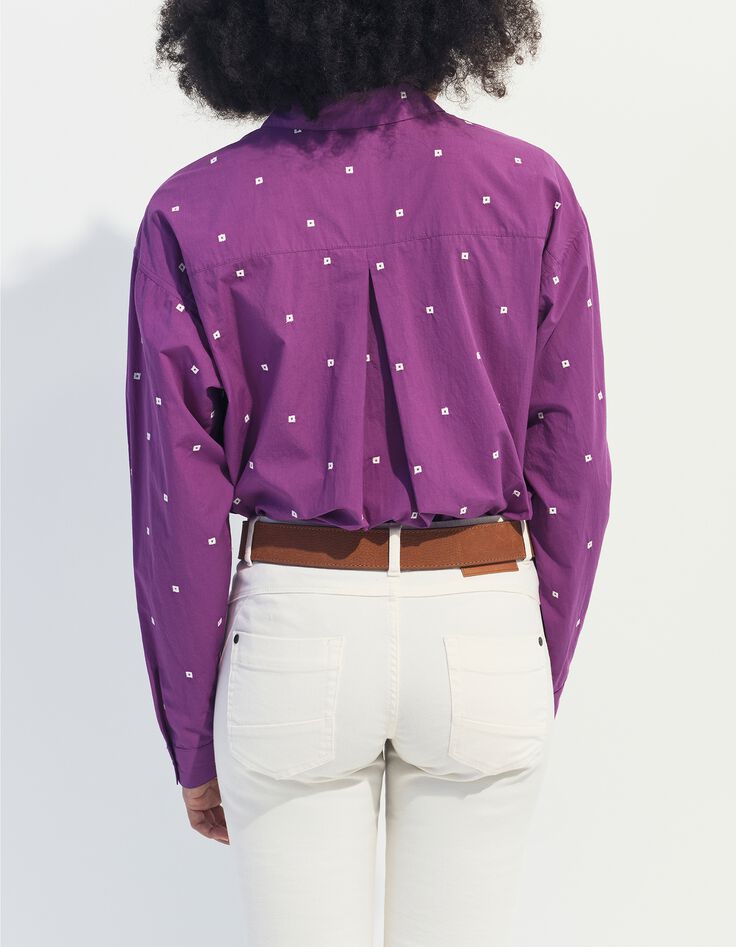 CELESTE - Chemise violet broderies petits carr&eacute;s &eacute;crus -2