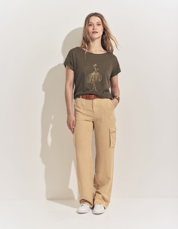 MEIRY- T-shirt kaki maille coton lin danseuse dorée-5 MEIRY- T-shirt kaki maille coton lin danseuse dorée-5