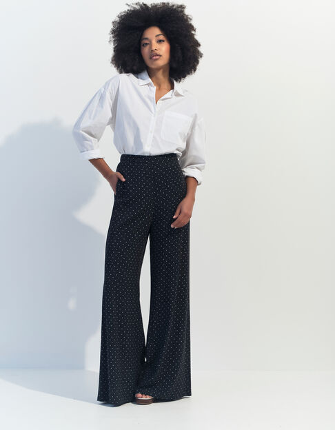 PIRANGI - Pantalon fluide noir imprimé carrés écrus - One Step