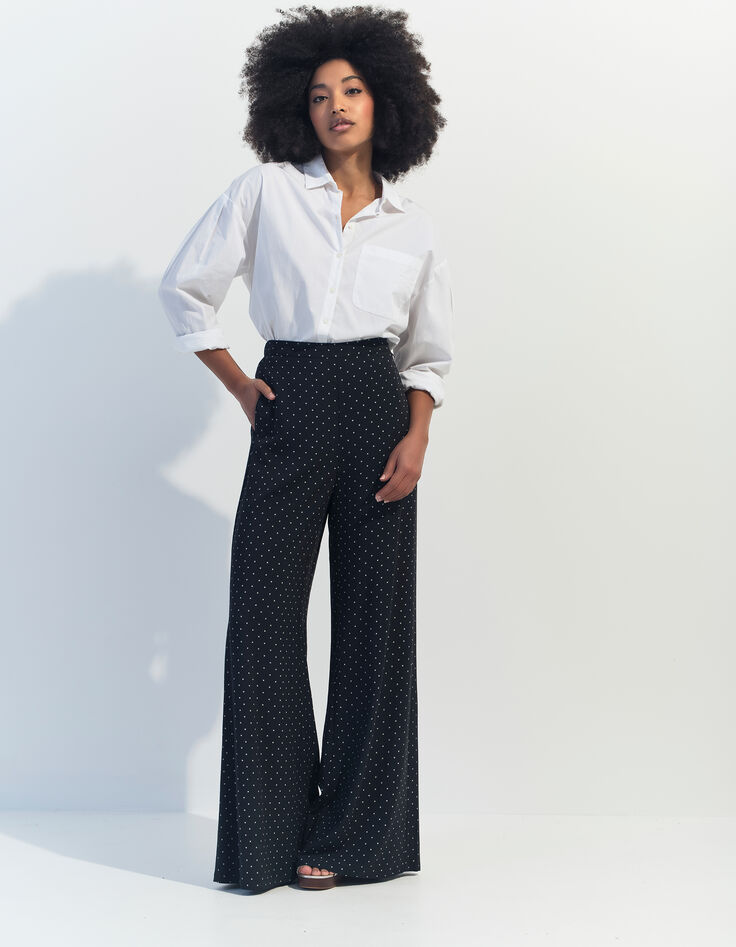 PIRANGI - Pantalon fluide noir imprimé carrés écrus-1