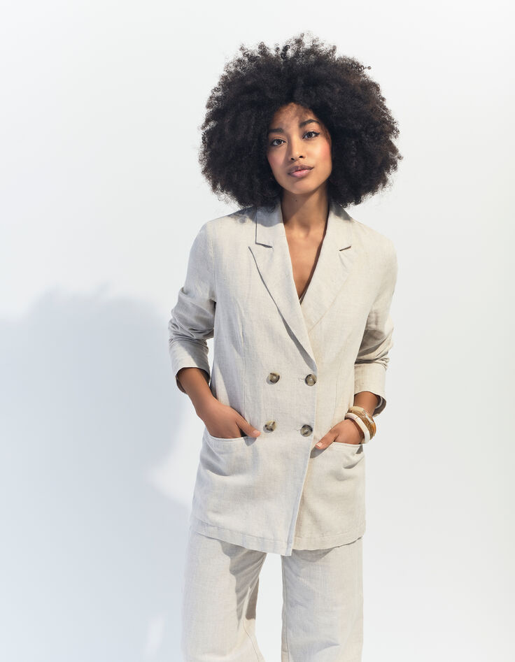VITORIA - Veste de costume beige chiné en lin et coton -3