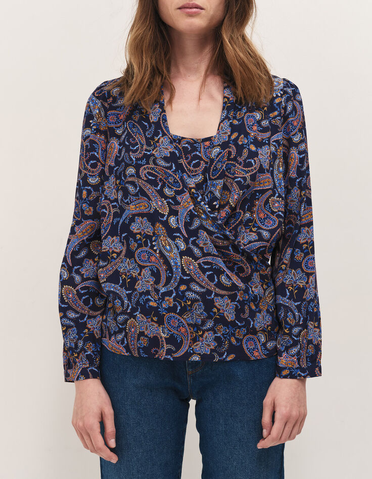 CARA - Blouse marine &agrave; imprim&eacute; n&eacute;o cachemire-1