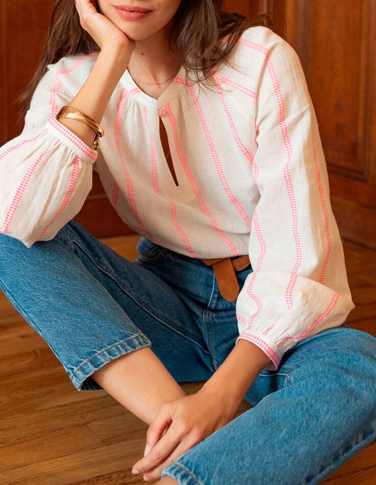 CEYLAN - Blouse blanche rayures fantaisie rose fluo-5