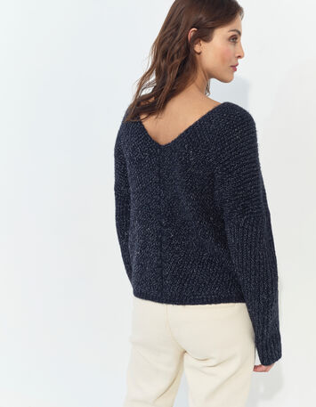 TIMEO - Pull marine tricot lurex encolure V devant/dos-5