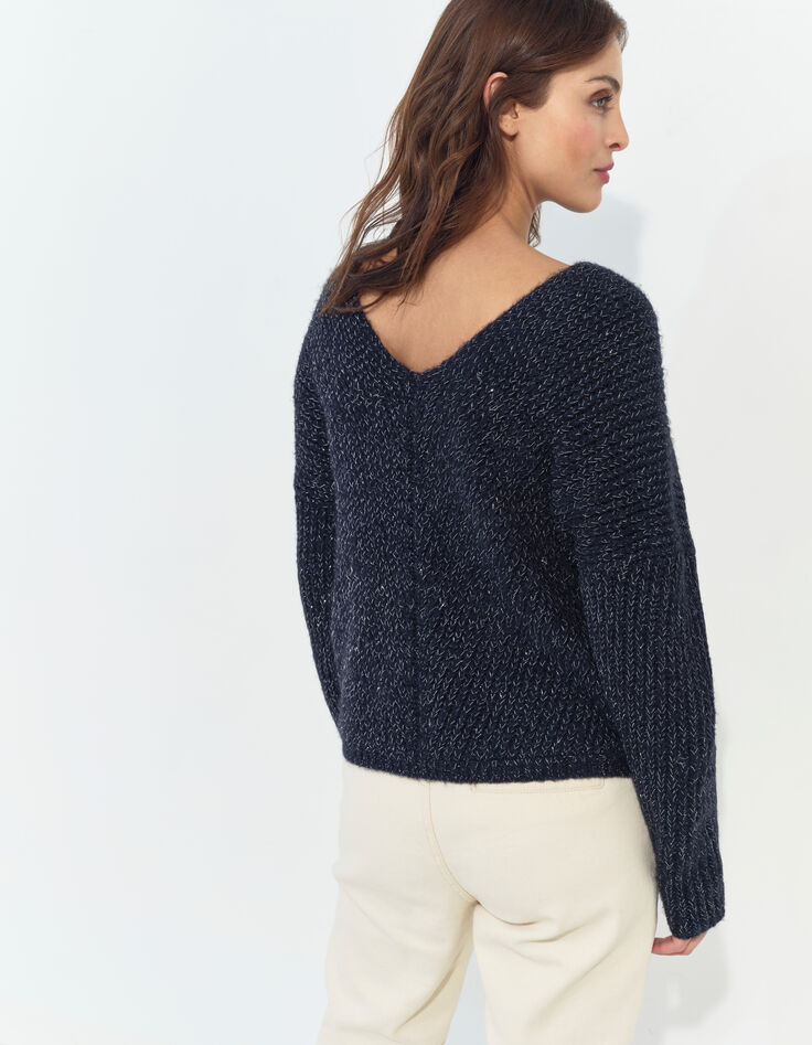 TIMEO - Pull marine tricot lurex encolure V devant/dos-5