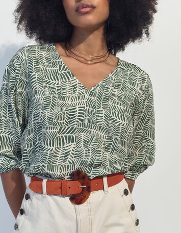 CASSIA - Blouse verte imprim&eacute; tropical chic -7