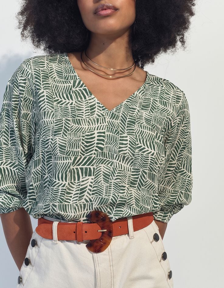 CASSIA - Blouse verte imprim&eacute; tropical chic -7