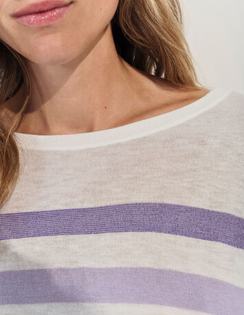 TONIO - Pull écru tricot rayures parme -4