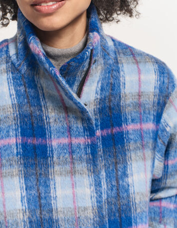 DANICA - Manteau bleu motif carreaux col montant-5