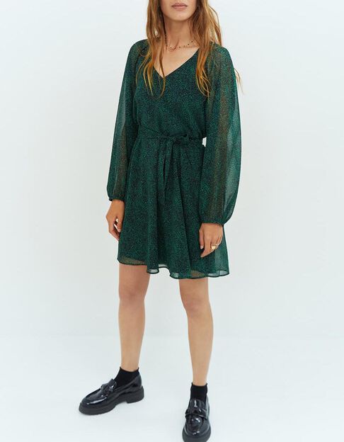 RESKY - Robe noire à imprimé pointilliste vert - One Step