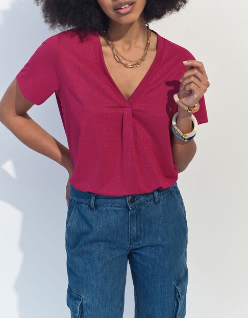 MARCIA - T-shirt rouge encolure V maille iris&eacute;e  - One Step