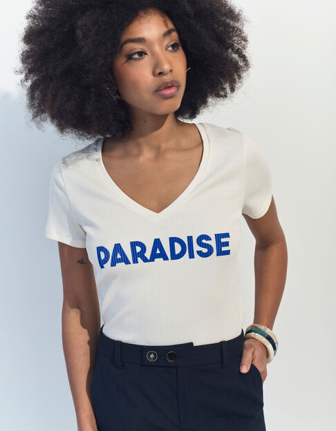 MIRO - T-shirt blanc côtelé à message  - One Step