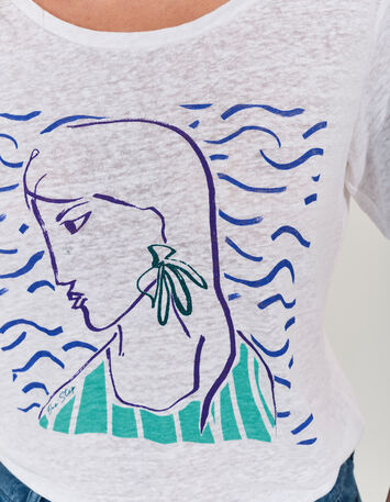 MALONE - T-shirt blanc maille lin danseuse crayonné -4