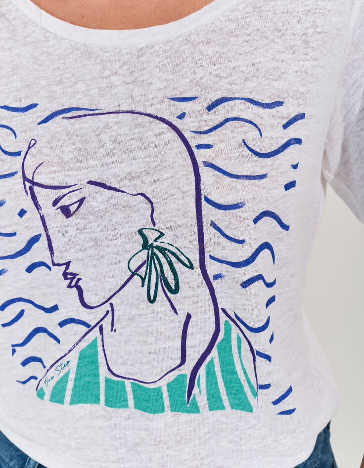 MALONE - T-shirt blanc maille lin danseuse crayonné -4