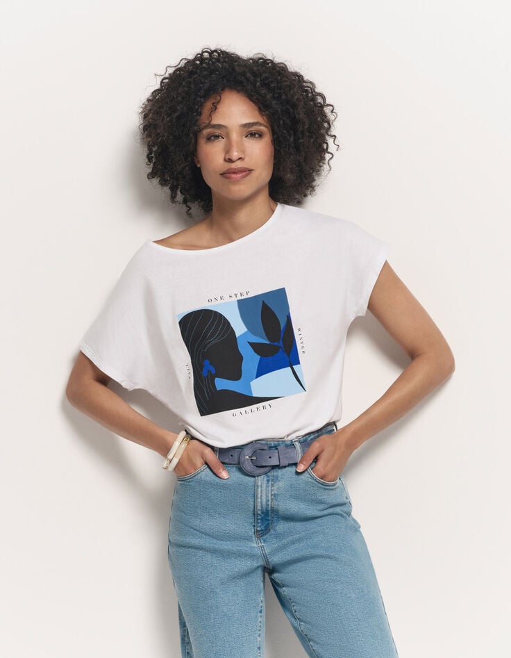 MAGICA - T-shirt écru coton bio danseuse bleue revisitée-1 MAGICA - T-shirt écru coton bio danseuse bleue revisitée-1