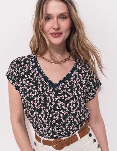 CESARIA - Top vert imprimé minimaliste floral - One Step