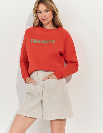 MURILO - Sweat orange coton bio message métallisé -1
